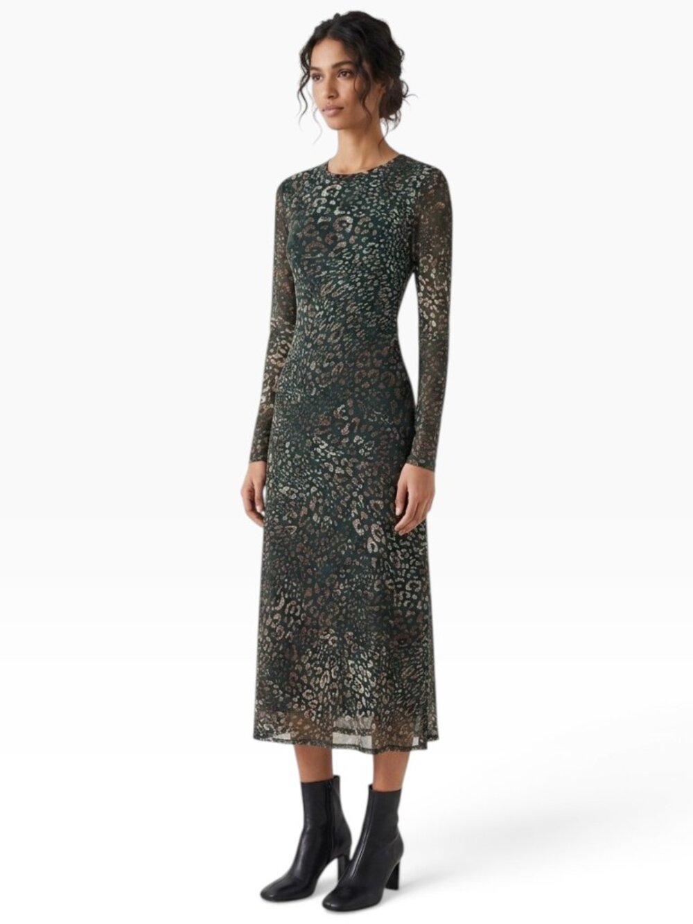 Joie Dark Green Animal Leopard Print Patterned Long Sleeve Midi Dress New NWT S